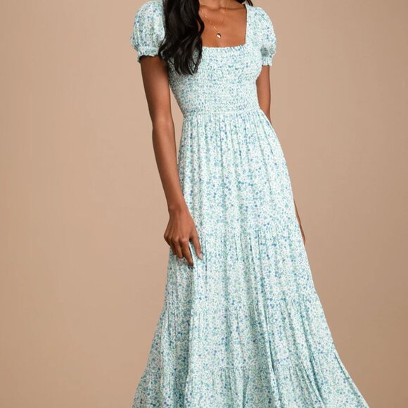 New Lulus Dress Womens Medium Blue Ready to Bloom Floral Smocked Tiered Maxi M - Picture 1 of 9